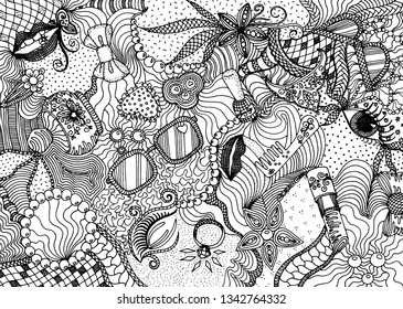 Hand drawn doodle backdrop pattern with numerous different women things. Black tracery on white background, vector illustration
