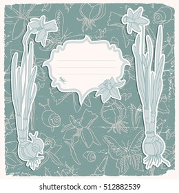 Hand drawn doodle background with daffodils flowers right and left of and space for text in the centre vector illustration