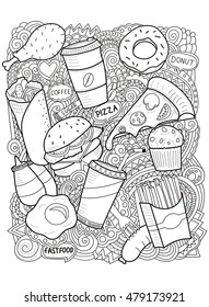 Hand drawn doodle background of fast food,