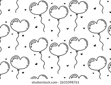 Hand drawn doodle background of heart balloons, celebration, birthday, cover paper, wallpaper, black ink, design vector, editable