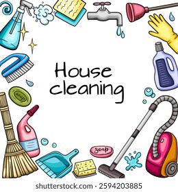 Hand drawn doodle background with house cleaning tools. Vector illustration