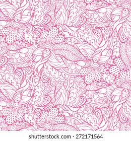 Hand drawn doodle background. Pink on white illustration. Seamless pattern in swatch panel.