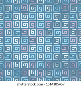 Hand drawn Doodle background, snail pattern. square shaped spirals, swirling lines. Pastel colors. Vector seamless pattern
