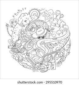 hand drawn doodle background with summer time activities and elements