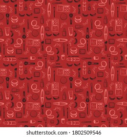 Hand drawn doodle background. Vector seamless pattern with makeup items - nail polish, mirror, perfume, lipstick, powder brush, mascara, eye shadow, face cream and blusher.