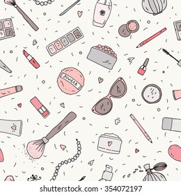 Hand drawn doodle background. Vector seamless pattern  with makeup items - nail polish, mirror, perfume, lipstick, powder brush, necklace, mascara, palette, eye shadow and sunglasses.