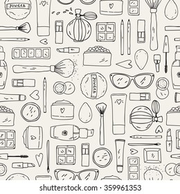 Hand drawn doodle background. Vector seamless pattern  with makeup items - nail polish, mirror, perfume, lipstick, powder brush, mascara, eye shadow, face cream and sunglasses.