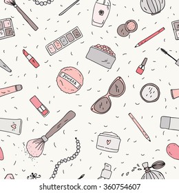 Hand drawn doodle background. Vector seamless pattern  with makeup items - nail polish, mirror, perfume, lipstick, powder brush, necklace, mascara, palette, eye shadow and sunglasses.