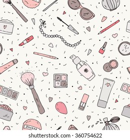 Handgezeichnet doodle Hintergrund. Vektornahtloses Muster mit Make-up-Elementen - Nagellack, Spiegel, Parfüm, Lippenstift, Powderpinsel, Halskette, Mascara, Palette, Schatten und Sonnenbrille.