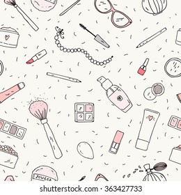 Hand drawn doodle background. Vector seamless pattern  with makeup items - nail polish, mirror, perfume, lipstick, powder brush, necklace, mascara, palette, eye shadow and sunglasses.