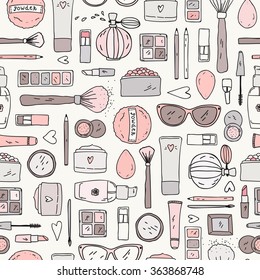 Hand drawn doodle background. Vector seamless pattern  with makeup items - nail polish, mirror, perfume, lipstick, powder brush, mascara, eye shadow, face cream and sunglasses.