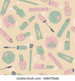 Hand drawn doodle background. Vector seamless pattern with makeup items.
