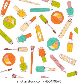 Hand drawn doodle background. Vector seamless pattern with makeup items.