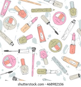 Hand drawn doodle background. Vector seamless pattern with makeup items.