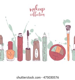 Hand drawn doodle background. Vector seamless border with makeup items.