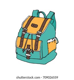 Hand drawn doodle backpack isolated on white background. Colorful icon. School decorative element. Back to school. Bag in cartoon style. Design for print. Vector illustration. 90 s style.