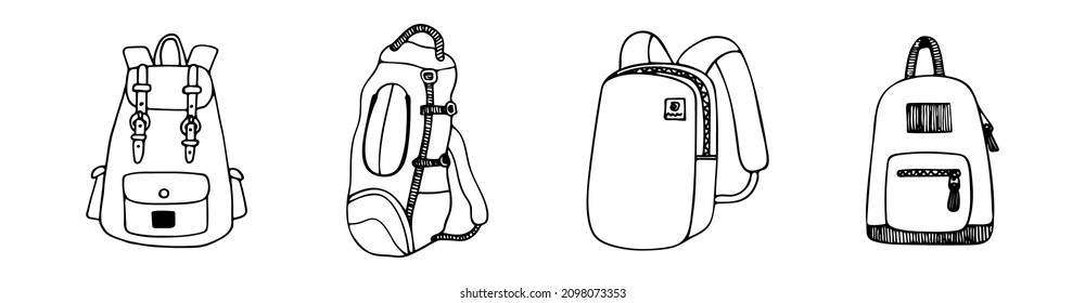 Mochila de doodle dibujada a mano. Bolsas de colegio y mochilas del campamento. Escaleras vectoriales. Esquema. Elementos de viaje.