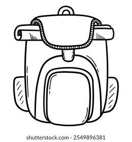 Hand drawn doodle backpack for traveling or hiking isolated on white background. Vector illustration.