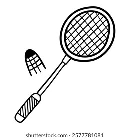 Hand drawn doodle badminton racket and shuttlecock isolated on white background. Vector illustration.