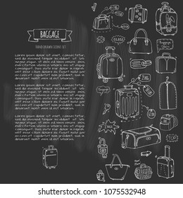 Hand drawn doodle Baggage icons set. Vector illustration. Different types of baggage. Large and small suitcase, hand luggage, backpack, carrying animals, crate, handbag, tag. Sketch cartoon style.