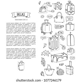 Hand drawn doodle Baggage icons set. Vector illustration. Different types of baggage. Large and small suitcase, hand luggage, backpack, carrying animals, crate, handbag, tag. Sketch cartoon style.