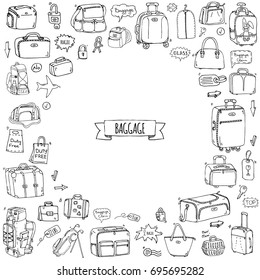 Hand drawn doodle Baggage icons set. Vector illustration. Different types of baggage. Large and small suitcase, hand luggage, backpack, carrying animals, crate, handbag, tag. Sketch cartoon style.