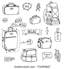 Hand drawn doodle Baggage icons set. Vector illustration. Different types of baggage. Large and small suitcase, hand luggage, backpack, carrying animals, crate, handbag, tag. Sketch cartoon style.