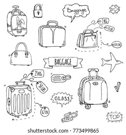 Hand drawn doodle Baggage icons set. Vector illustration. Different types of baggage. Large and small suitcase, hand luggage, backpack, carrying animals, crate, handbag, tag. Sketch cartoon style.