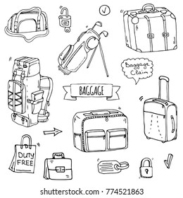 Hand drawn doodle Baggage icons set. Vector illustration. Different types of baggage. Large and small suitcase, hand luggage, backpack, carrying animals, crate, handbag, tag. Sketch cartoon style.