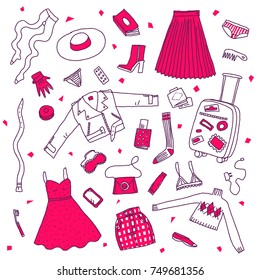 Hand drawn doodle Baggage set. Vector illustration. Collection of different clothes and things in luggage. Sketch cartoon style. Traveling abroad