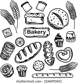 Hand drawn doodle bakery products and pastries. Bakery icons.