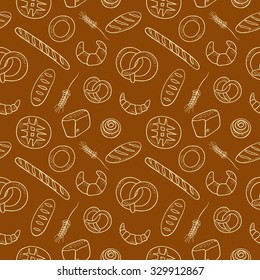 Hand drawn  doodle bakery seamless background including baguette, croissant, muffin, bagel, donut. Food pattern for your design.