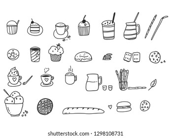 Hand drawn doodle bakery set with sweet icon, vector illustration, sketch sweet food collection.