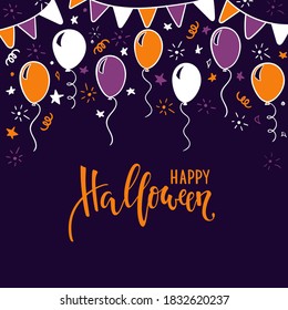 hand drawn doodle balloon, garland, flags. Happy halloween Creative calligraphy lettering. design for holiday greeting card and invitation, flyers, posters, banner halloween party holiday