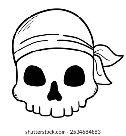 Hand drawn doodle bandana pirate skull isolated on white background. Vector illustration.