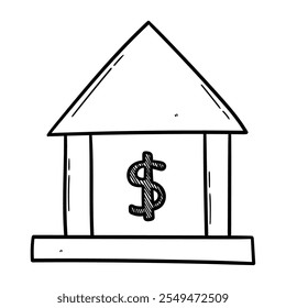 Hand drawn doodle bank isolated on a white background. Vector illustration.
