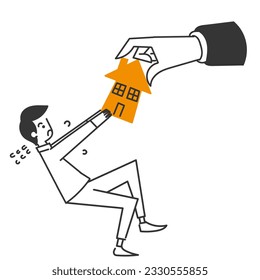 hand drawn doodle bankruptcy person fighting to hold back their house illustration