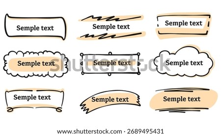 Hand drawn doodle banner and frame set. Brush stroke rustic style with decorative tags, labels, and highlight elements. Perfect for headlines, text decoration, badges, invitations, and creativ
