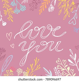 Hand drawn doodle banner - happy valentines day. Floral frame