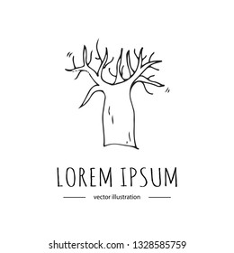 Hand drawn doodle baobab tree icon Vector illustration plant isolated on white background Australian national symbol Cartoon element Line art Wood silhouette 