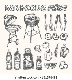 Hand drawn doodle barbecue. BBQ food