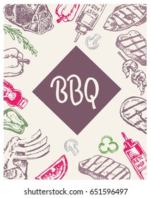 Hand drawn doodle barbecue. BBQ food