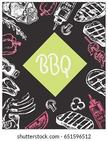 Hand drawn doodle barbecue. BBQ food