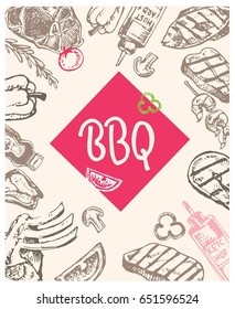 Hand drawn doodle barbecue. BBQ food