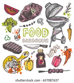 Hand drawn doodle barbecue. BBQ food