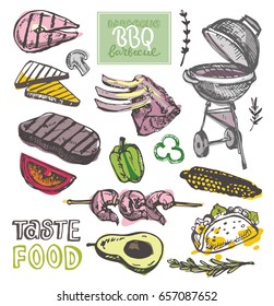 Hand drawn doodle barbecue. BBQ food
