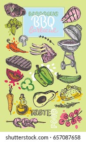 Hand drawn doodle barbecue. BBQ food