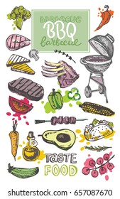 Hand drawn doodle barbecue. BBQ food