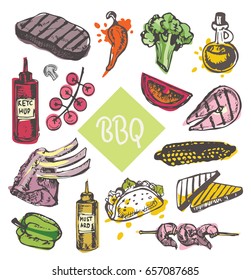 Hand drawn doodle barbecue. BBQ food