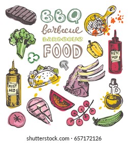 Hand drawn doodle barbecue. BBQ food